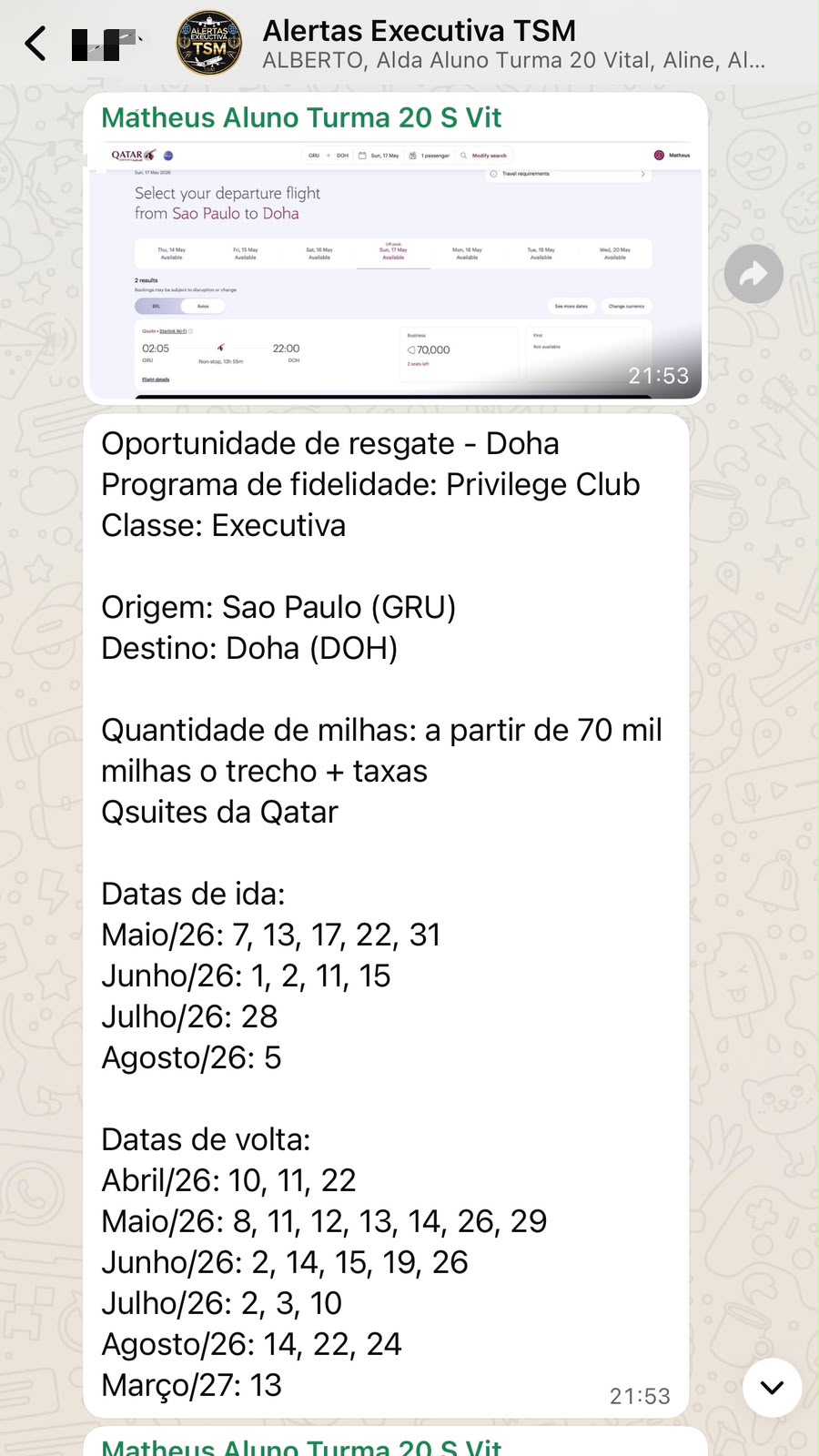 Print do grupo Alertas Executiva TSM com oportunidade Qsuite da Qatar para Doha por 70 mil milhas