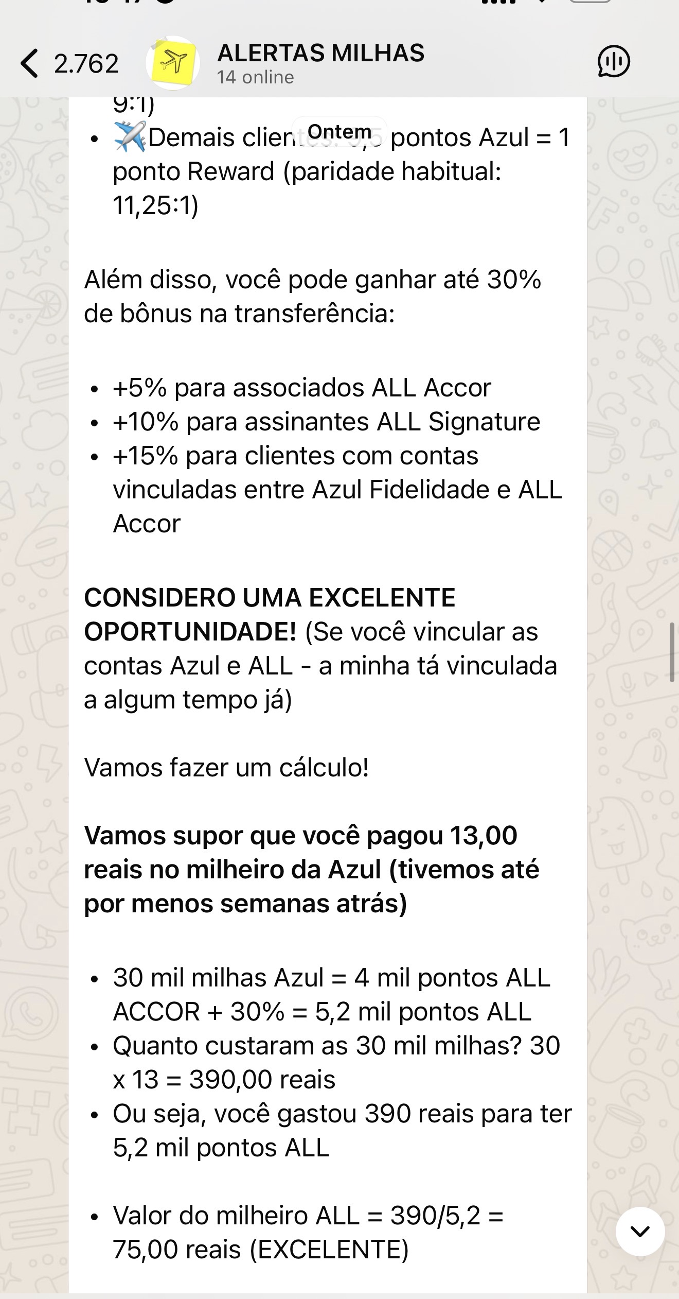 Print do grupo Alertas TSM com oportunidade real enviada